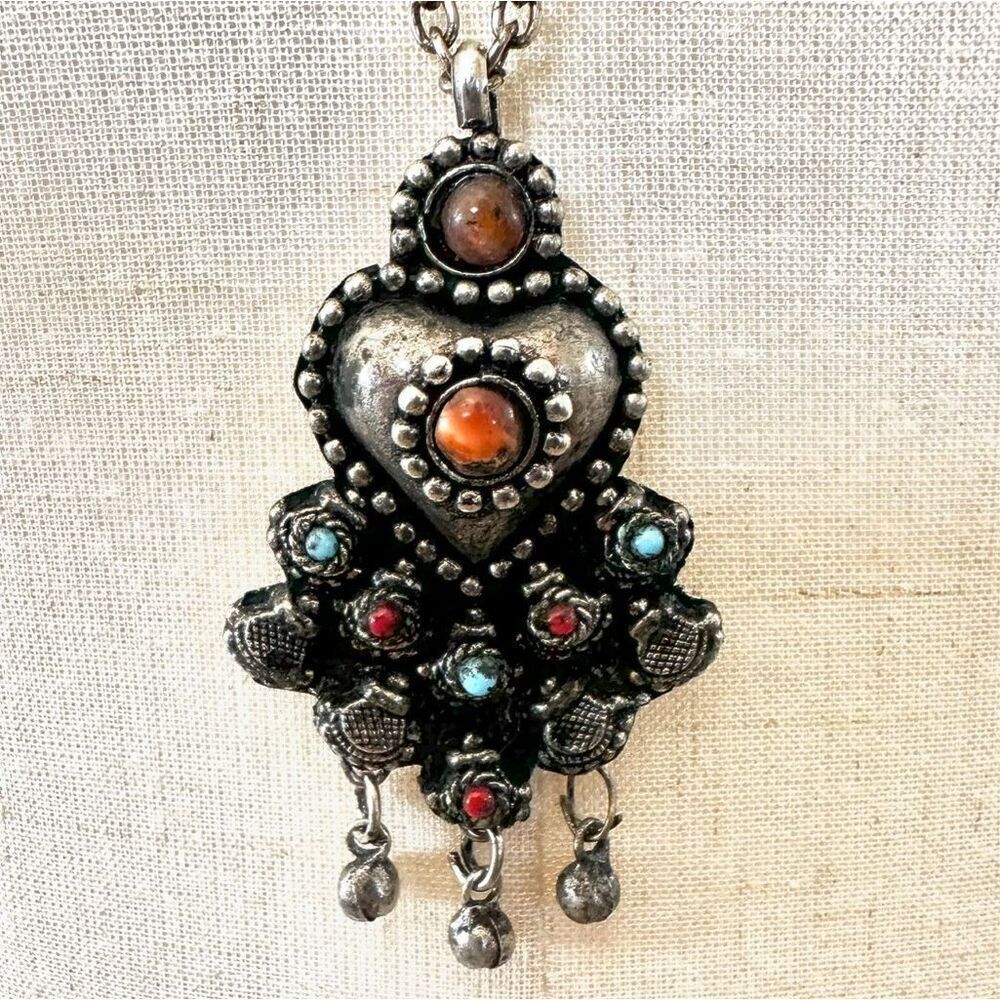Turquoise coral vintage afghan heart  pendant necklace